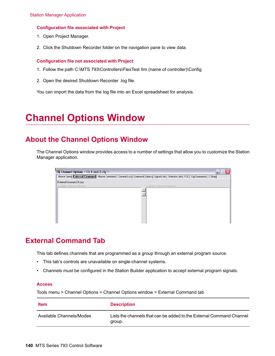 Channel options window, About the channel options window, External command tab | MTS Series 793 User Manual | Page 140 / 490