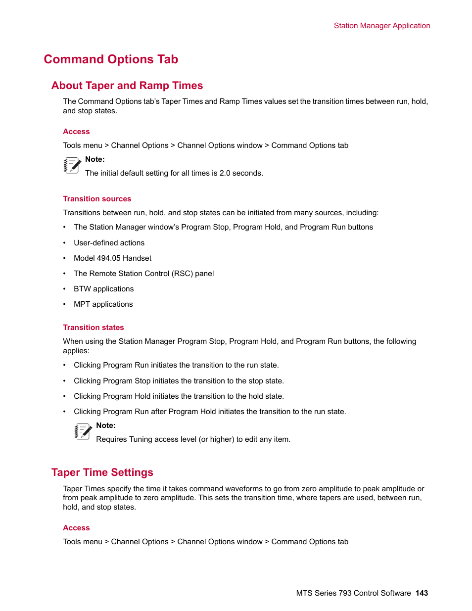 Command options tab, About taper and ramp times, Taper time settings | MTS Series 793 User Manual | Page 143 / 490