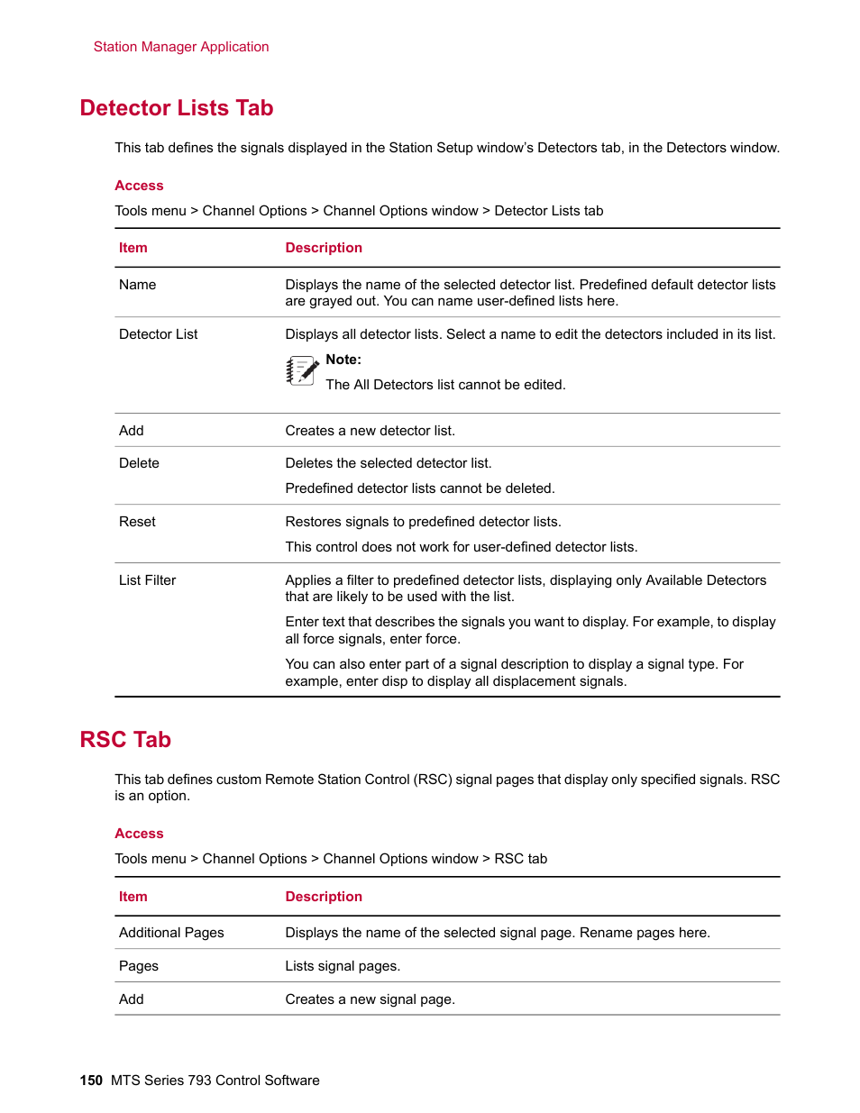 Detector lists tab, Rsc tab | MTS Series 793 User Manual | Page 150 / 490