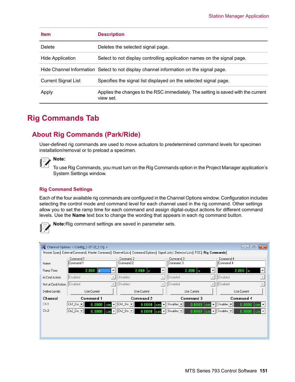 Rig commands tab, About rig commands (park/ride) | MTS Series 793 User Manual | Page 151 / 490