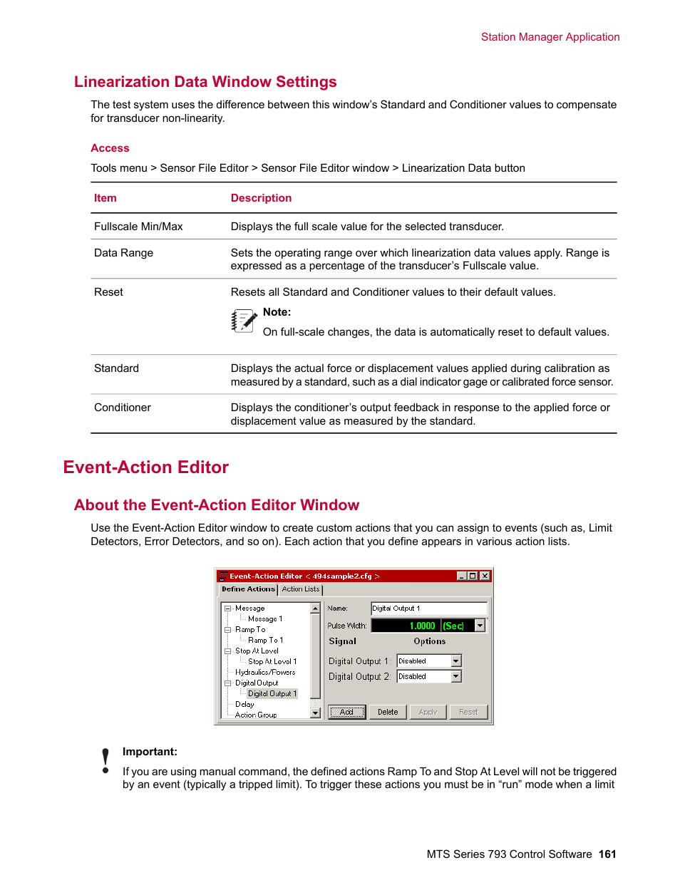 Linearization data window settings, Event-action editor, About the event-action editor window | MTS Series 793 User Manual | Page 161 / 490