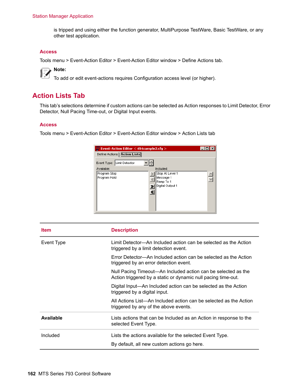 Action lists tab | MTS Series 793 User Manual | Page 162 / 490