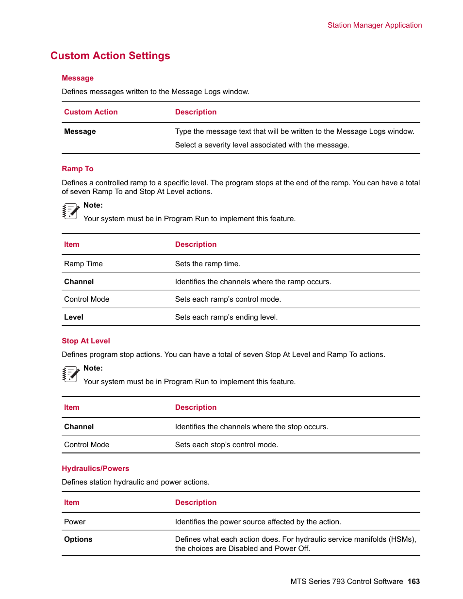 Custom action settings | MTS Series 793 User Manual | Page 163 / 490