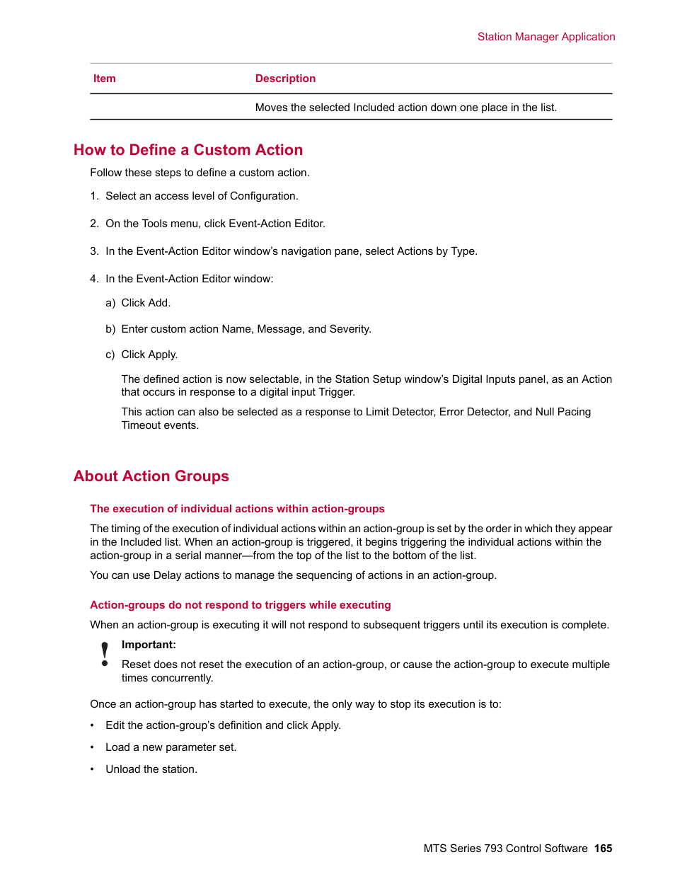 How to define a custom action, About action groups | MTS Series 793 User Manual | Page 165 / 490