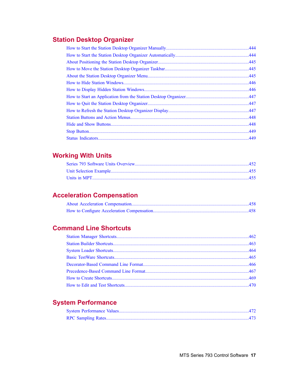 Station desktop organizer 443, Working with units 451, Acceleration compensation 457 | Command line shortcuts 461, System performance 471 | MTS Series 793 User Manual | Page 17 / 490