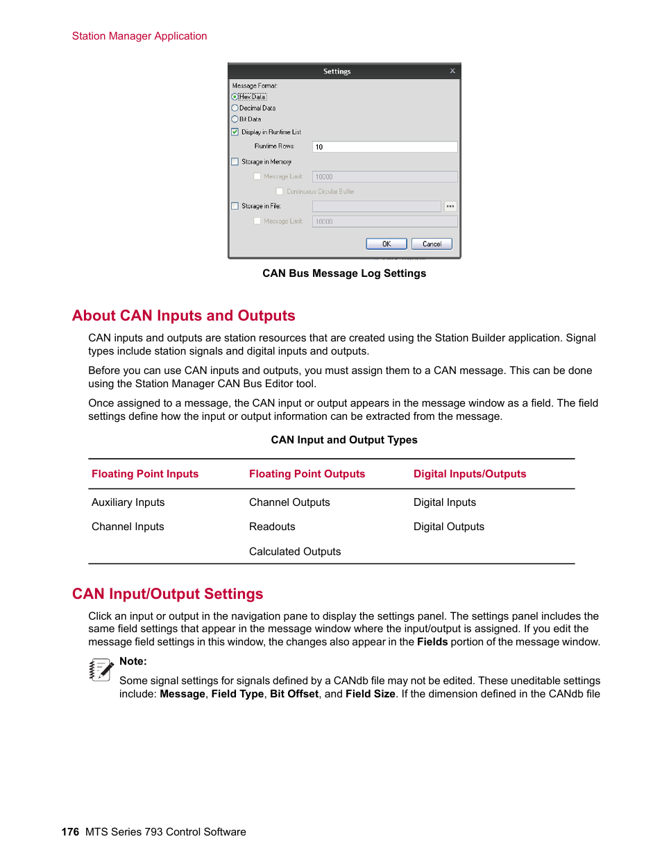 About can inputs and outputs, Can input/output settings | MTS Series 793 User Manual | Page 176 / 490