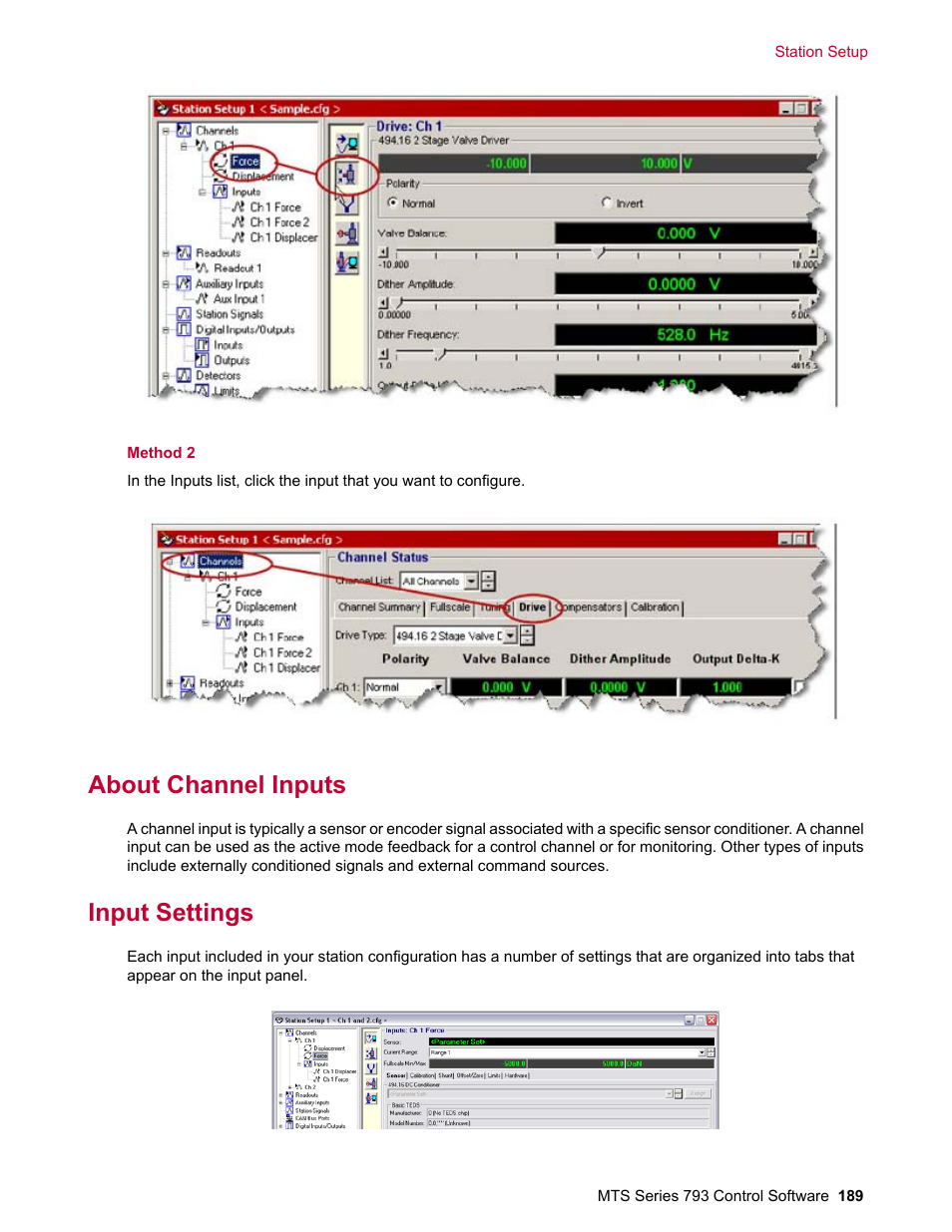 About channel inputs, Input settings | MTS Series 793 User Manual | Page 189 / 490