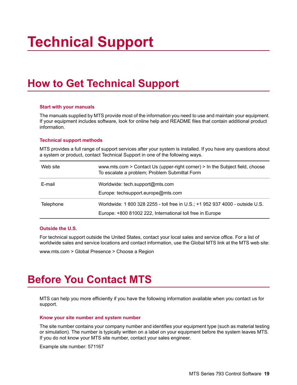 Technical support, How to get technical support, Before you contact mts | MTS Series 793 User Manual | Page 19 / 490