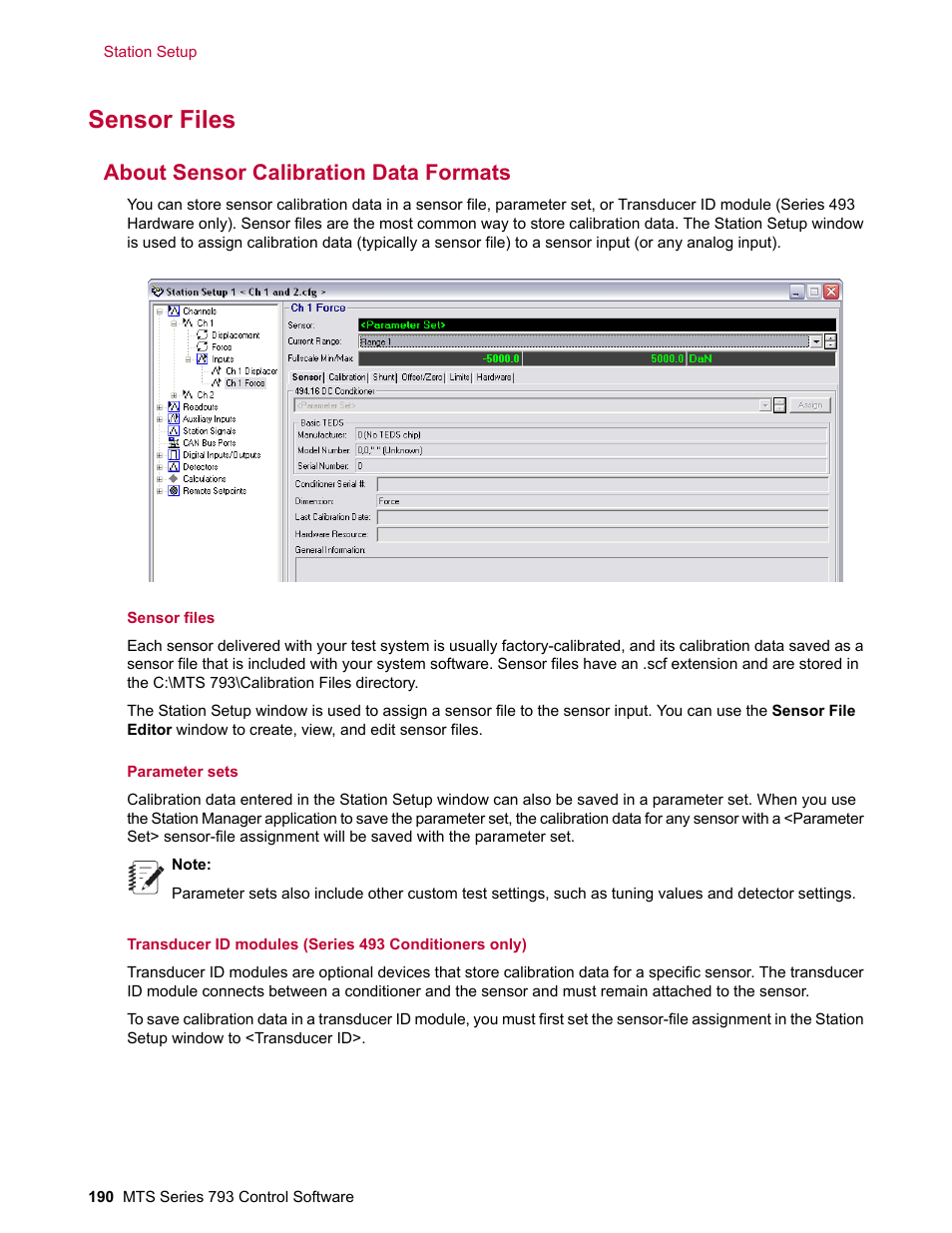 Sensor files, About sensor calibration data formats | MTS Series 793 User Manual | Page 190 / 490