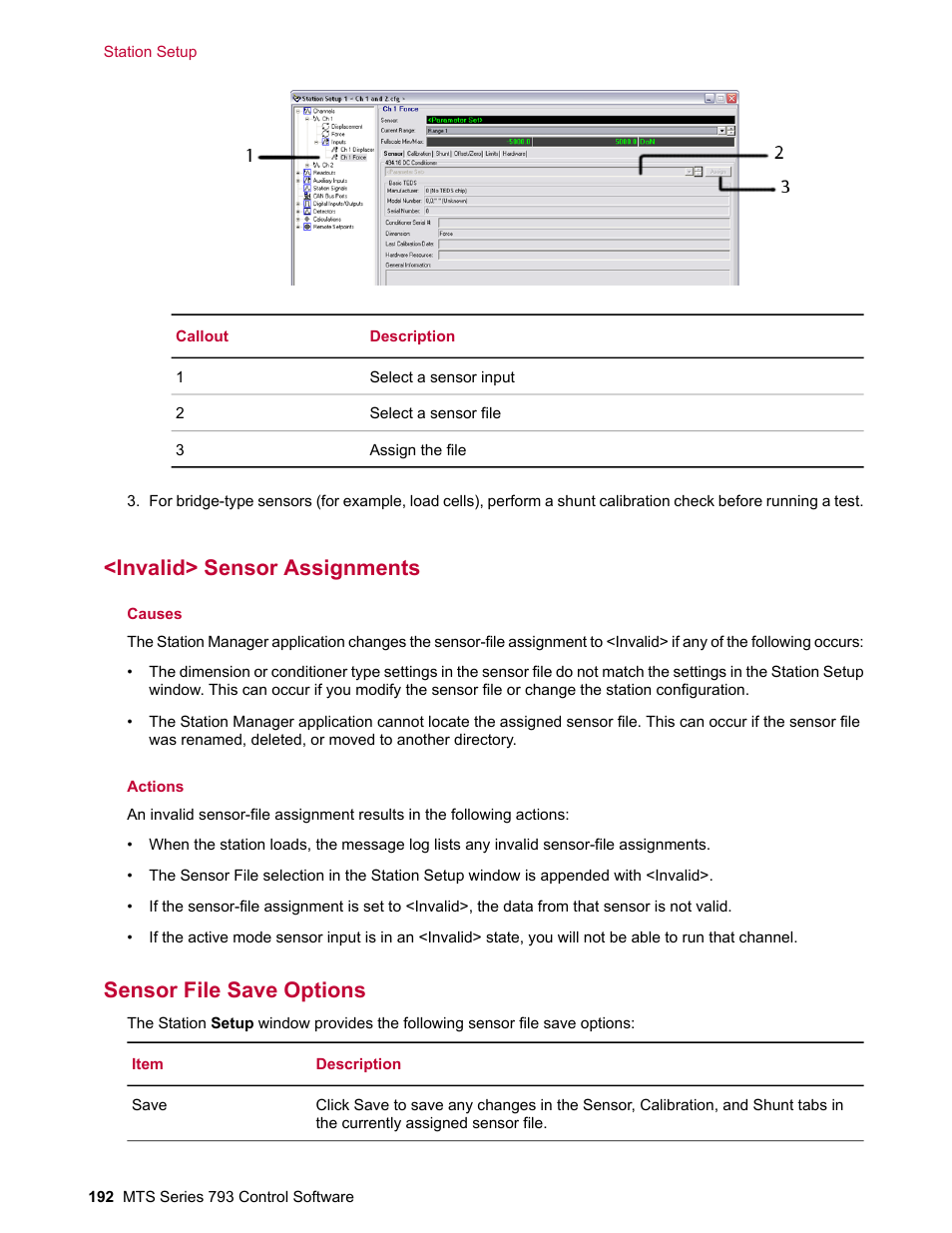 Invalid> sensor assignments, Sensor file save options | MTS Series 793 User Manual | Page 192 / 490