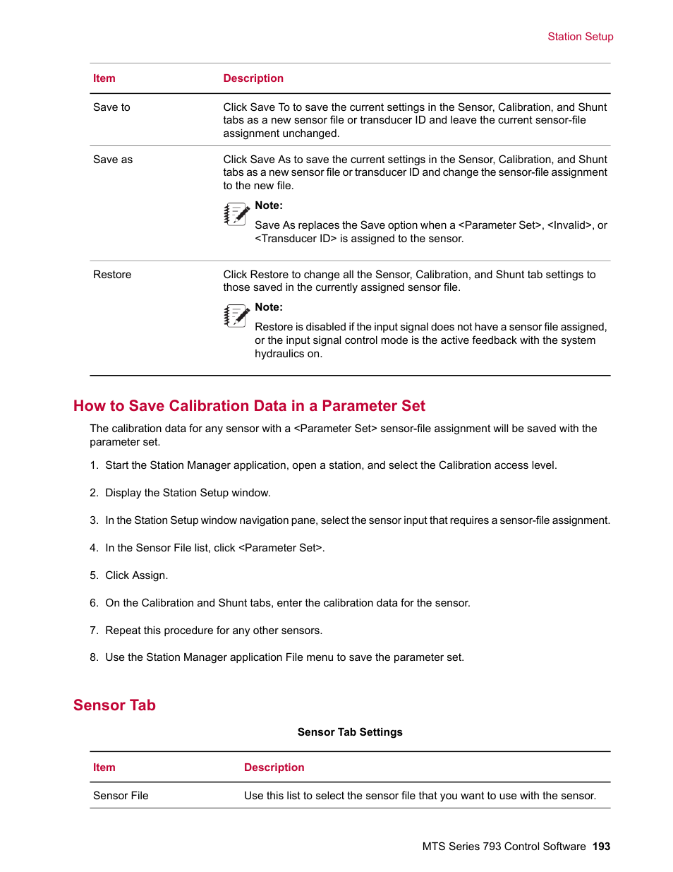 How to save calibration data in a parameter set, Sensor tab | MTS Series 793 User Manual | Page 193 / 490