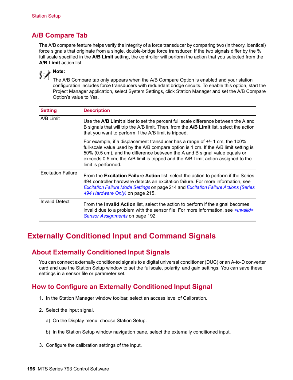 A/b compare tab, Externally conditioned input and command signals, About externally conditioned input signals | MTS Series 793 User Manual | Page 196 / 490