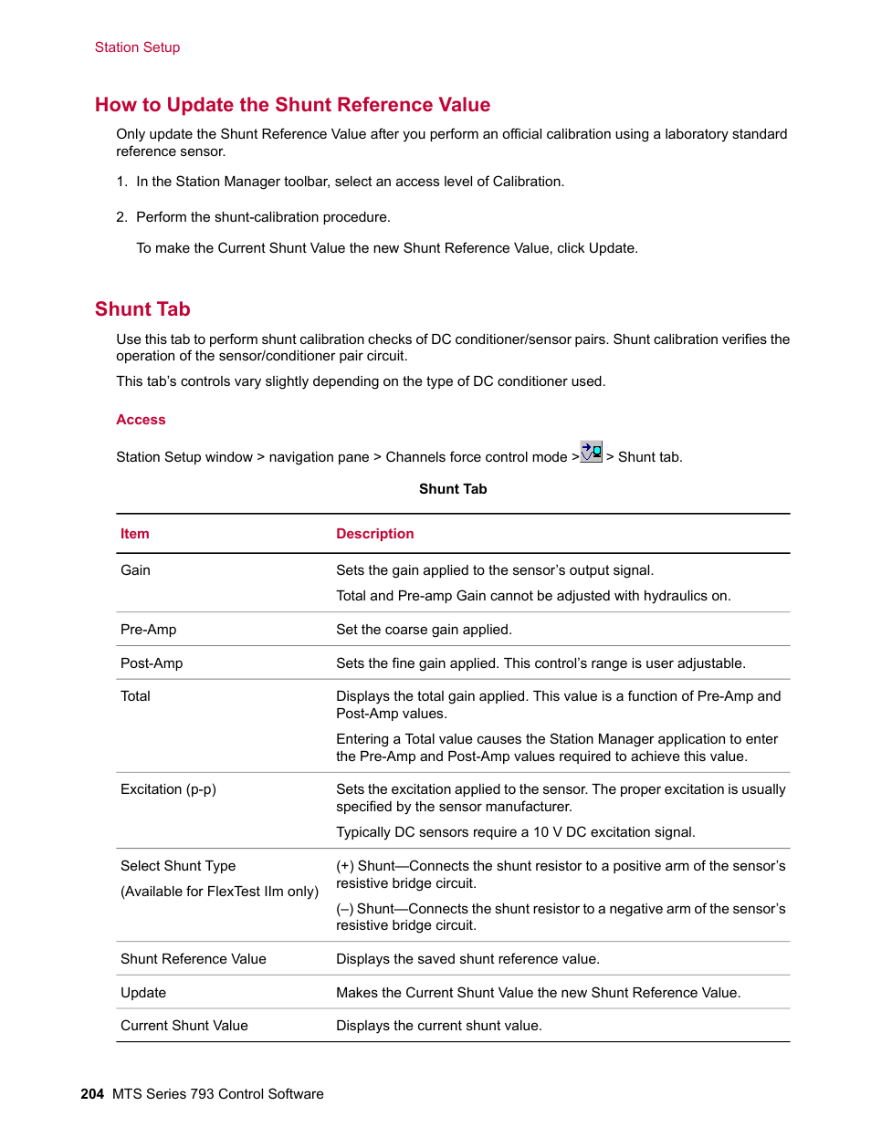 How to update the shunt reference value, Shunt tab | MTS Series 793 User Manual | Page 204 / 490