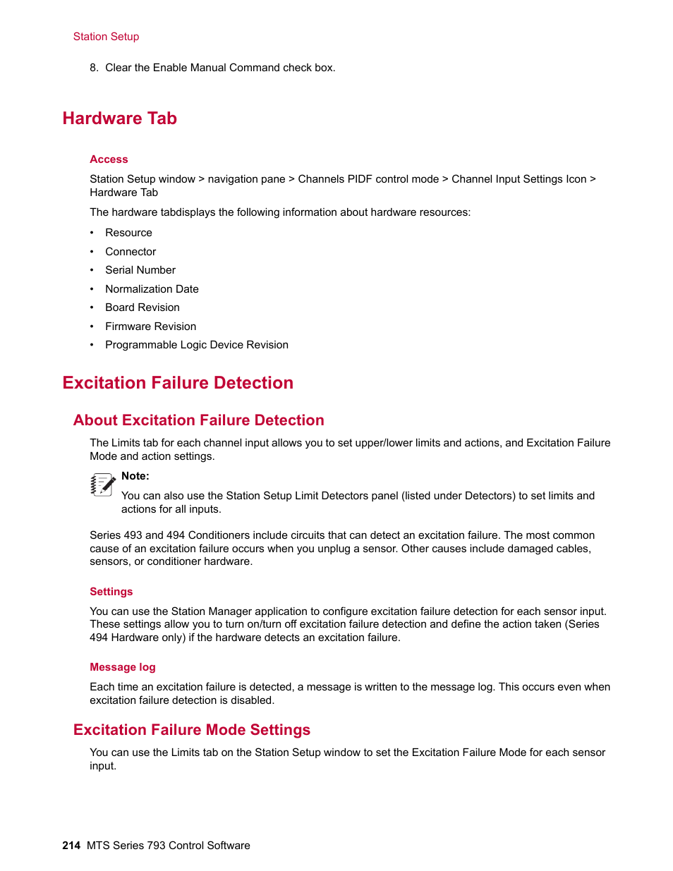 Hardware tab, Excitation failure detection, About excitation failure detection | Excitation failure mode settings | MTS Series 793 User Manual | Page 214 / 490