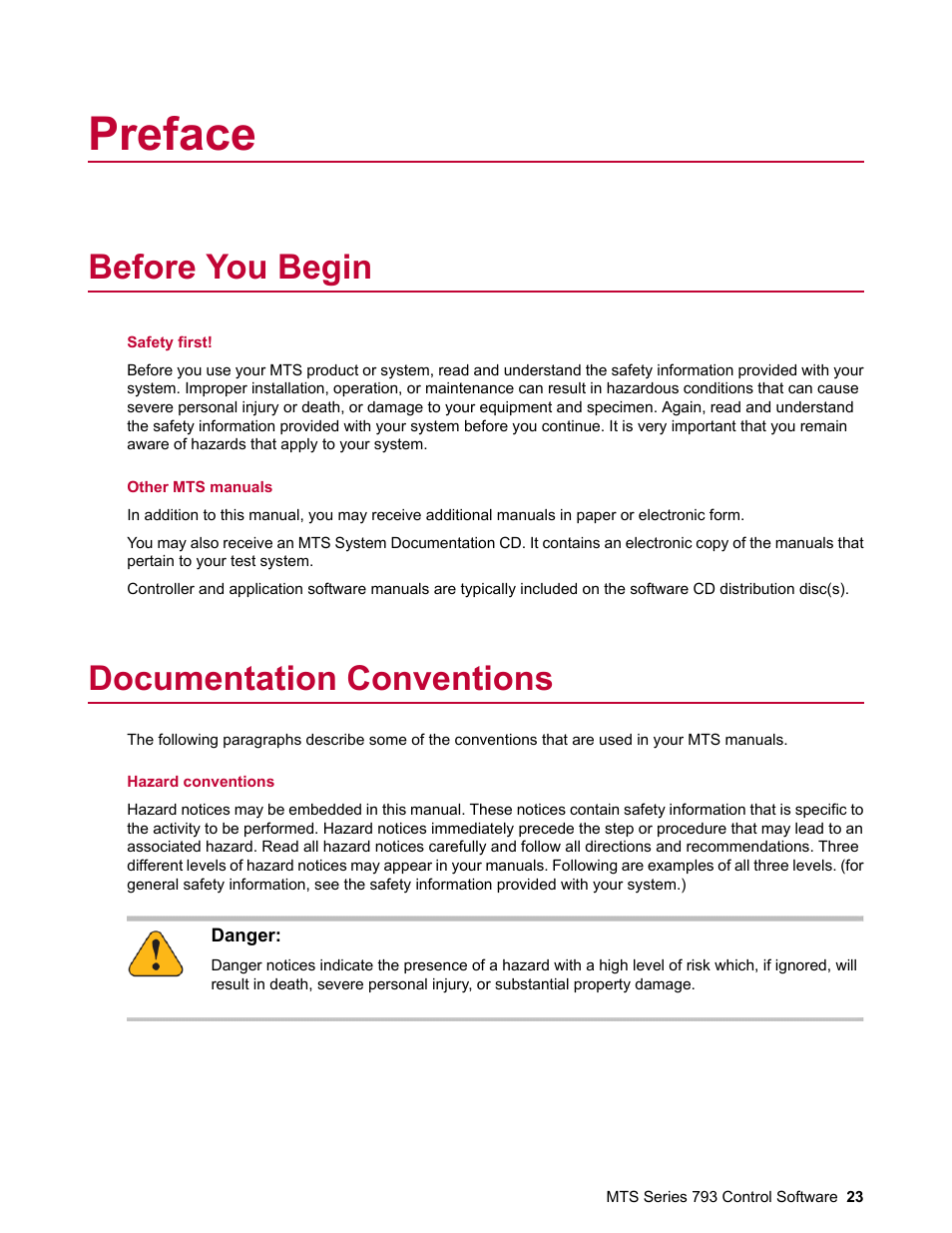 Preface, Before you begin, Documentation conventions | MTS Series 793 User Manual | Page 23 / 490