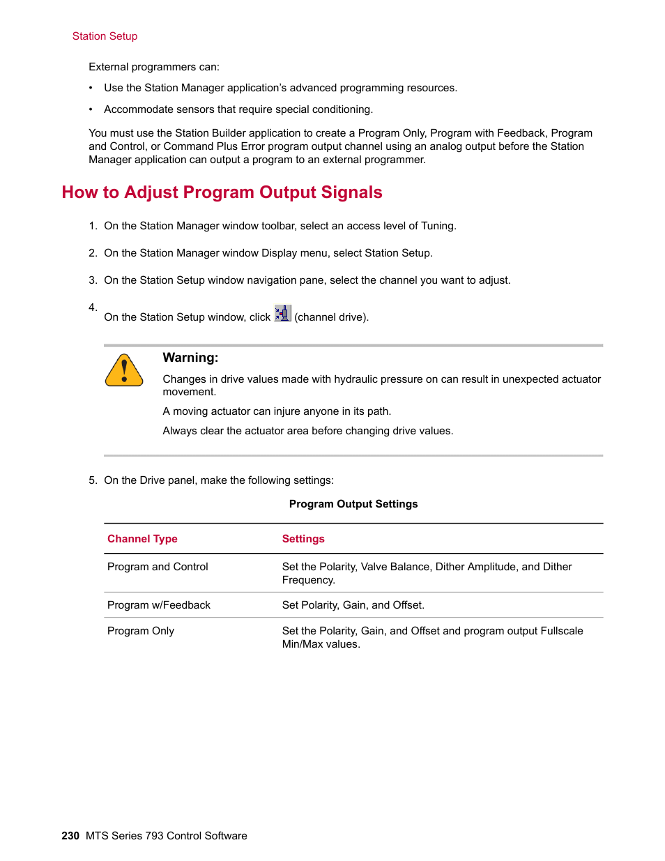 How to adjust program output signals | MTS Series 793 User Manual | Page 230 / 490