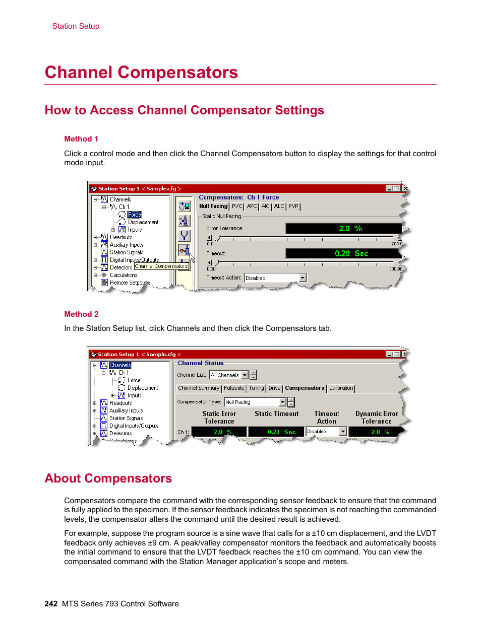 Channel compensators, How to access channel compensator settings, About compensators | MTS Series 793 User Manual | Page 242 / 490