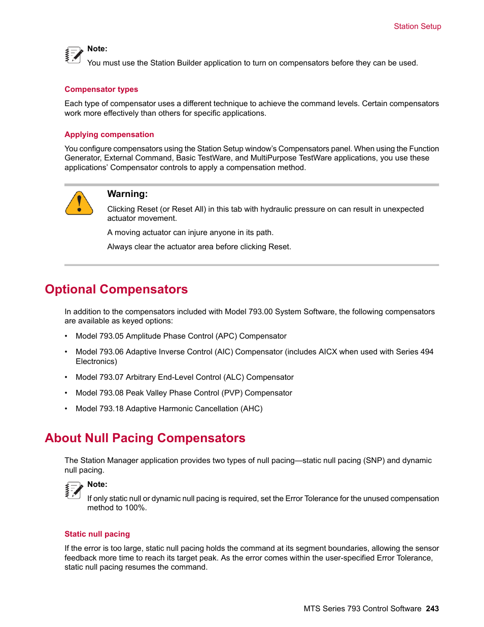 Optional compensators, About null pacing compensators | MTS Series 793 User Manual | Page 243 / 490