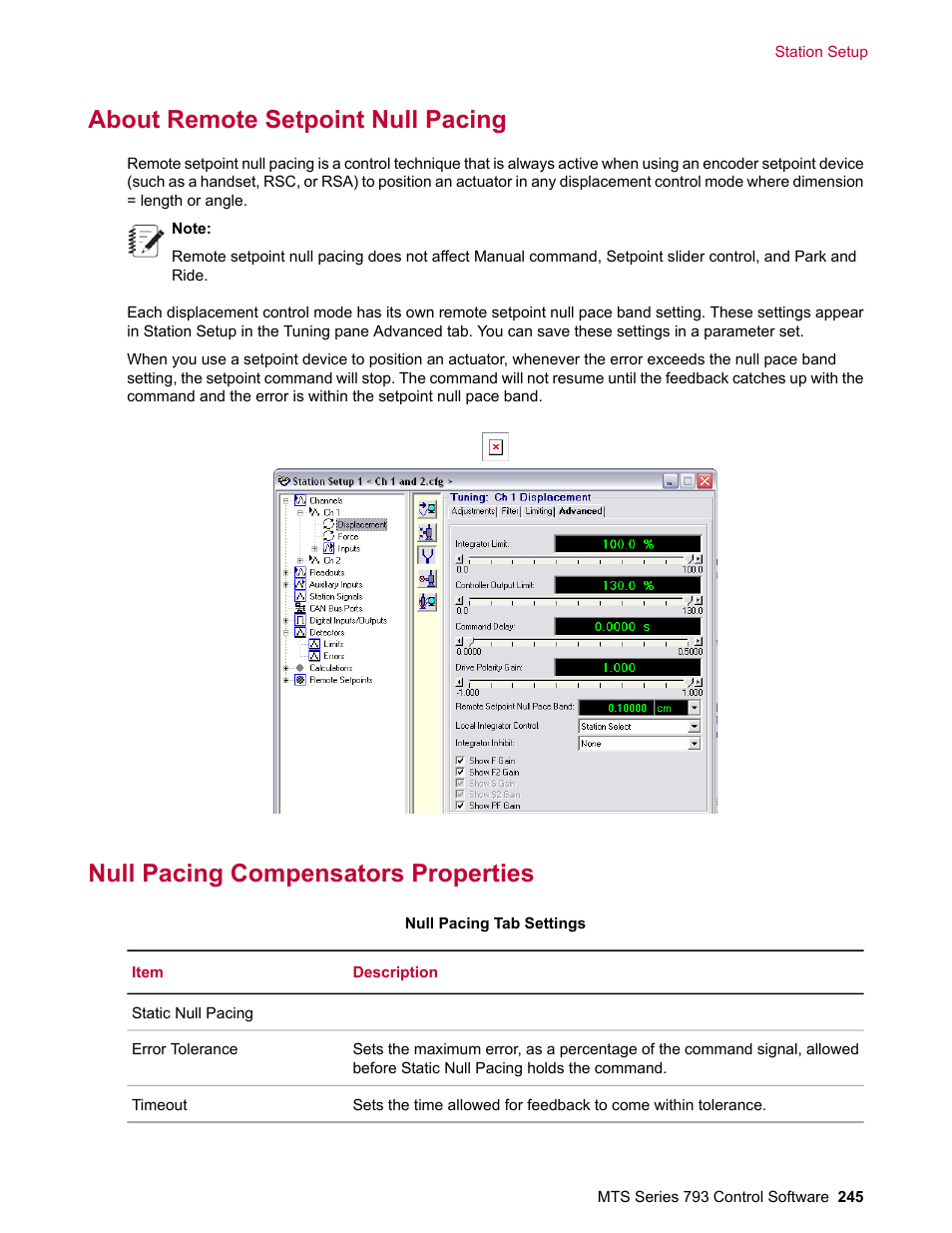 About remote setpoint null pacing, Null pacing compensators properties | MTS Series 793 User Manual | Page 245 / 490