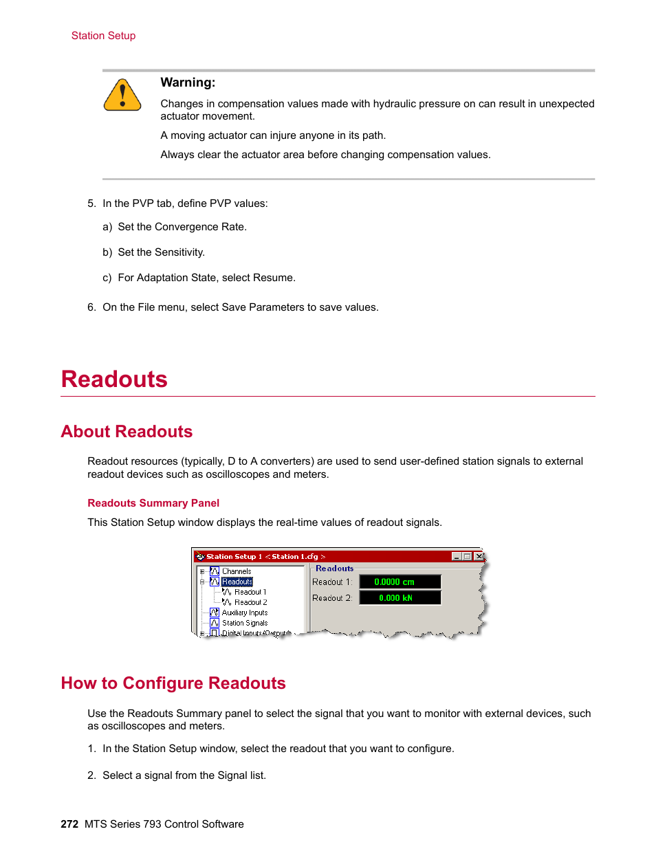 Readouts, About readouts, How to configure readouts | MTS Series 793 User Manual | Page 272 / 490