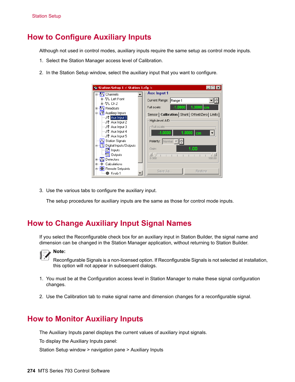 How to configure auxiliary inputs, How to change auxiliary input signal names, How to monitor auxiliary inputs | MTS Series 793 User Manual | Page 274 / 490