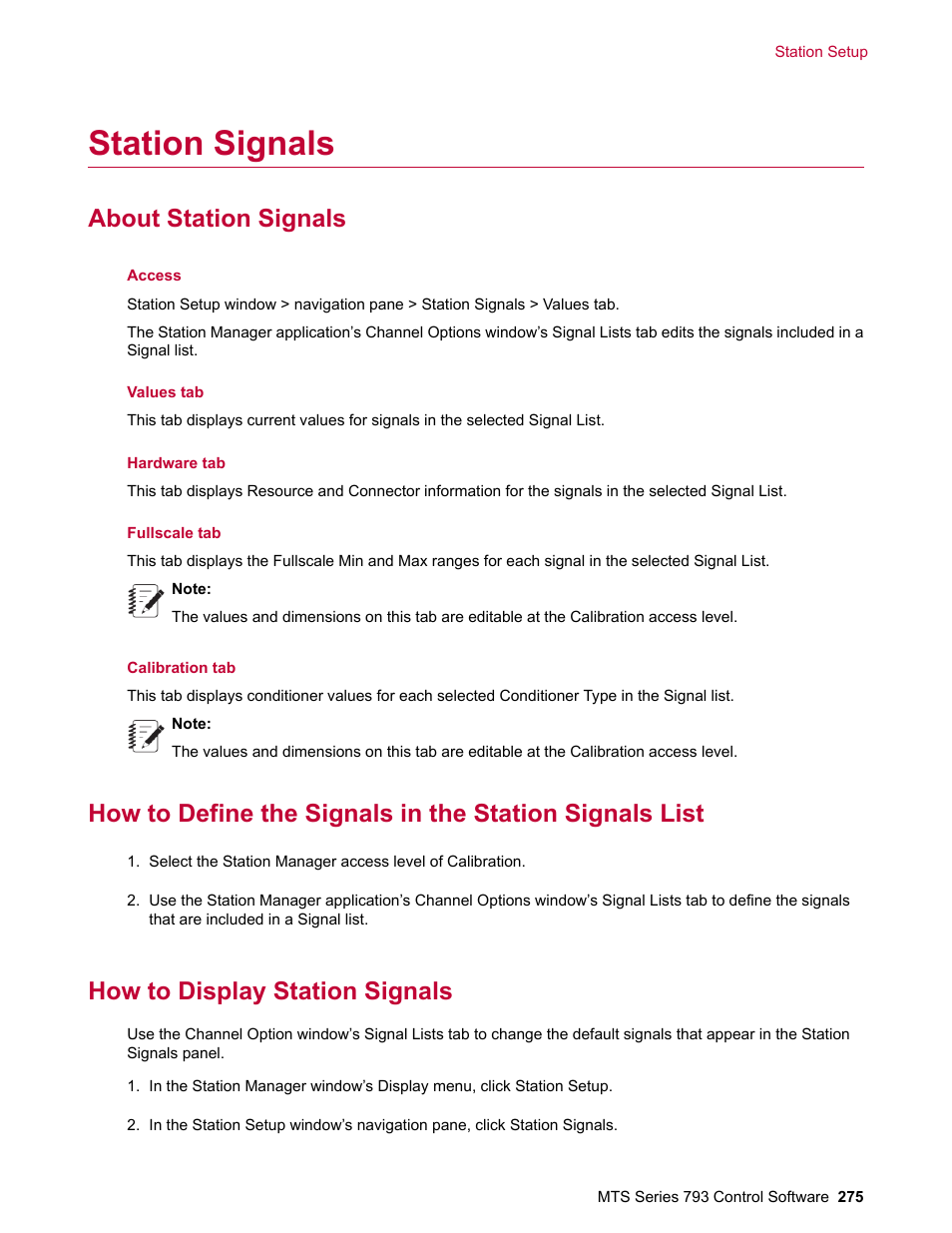 Station signals, About station signals, How to display station signals | MTS Series 793 User Manual | Page 275 / 490