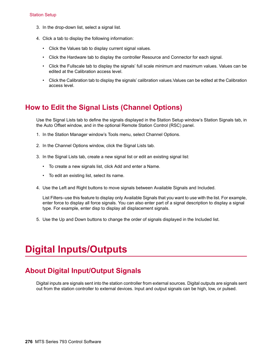 How to edit the signal lists (channel options), Digital inputs/outputs, About digital input/output signals | MTS Series 793 User Manual | Page 276 / 490