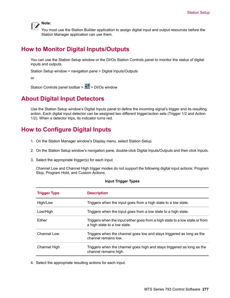 How to monitor digital inputs/outputs, About digital input detectors, How to configure digital inputs | MTS Series 793 User Manual | Page 277 / 490