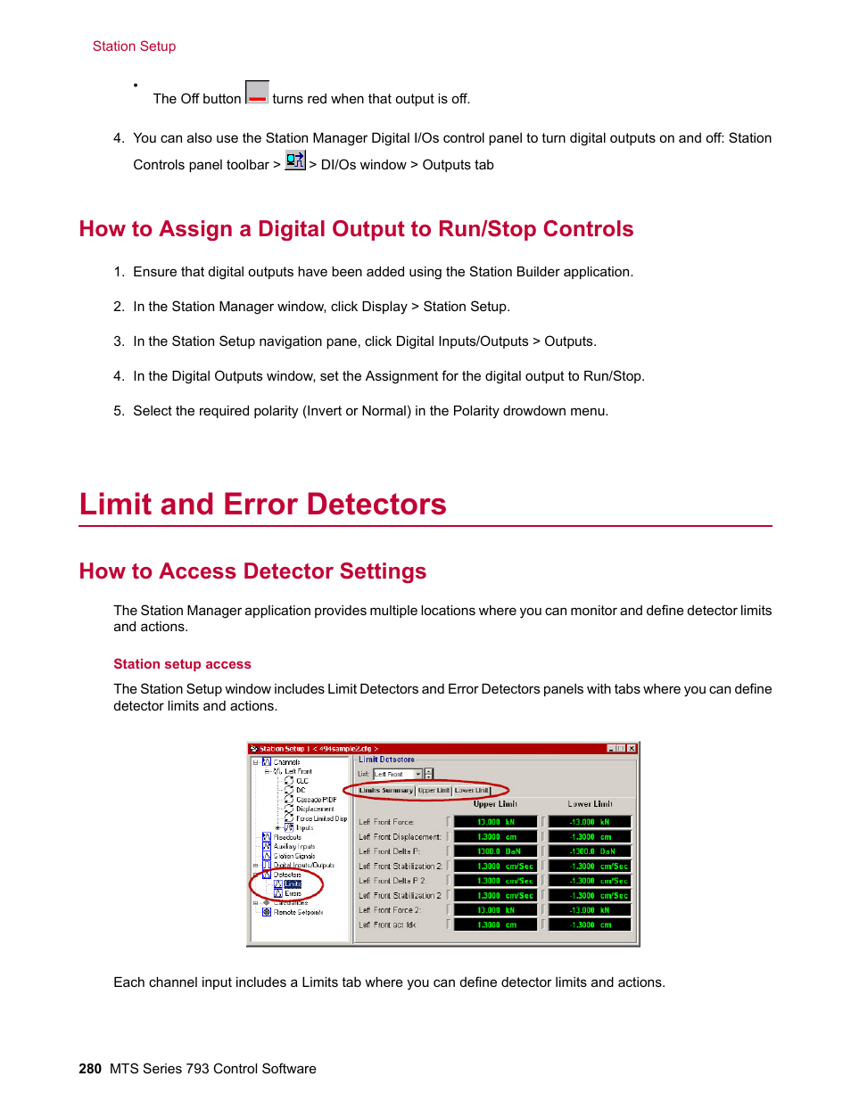 Limit and error detectors, How to access detector settings | MTS Series 793 User Manual | Page 280 / 490