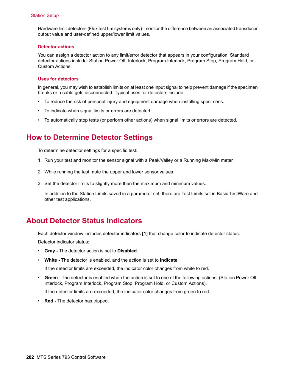 How to determine detector settings, About detector status indicators | MTS Series 793 User Manual | Page 282 / 490