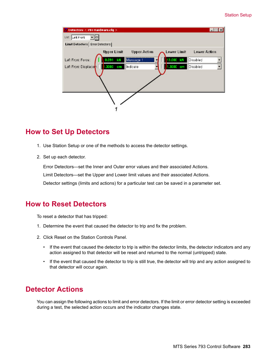 How to set up detectors, How to reset detectors, Detector actions | MTS Series 793 User Manual | Page 283 / 490