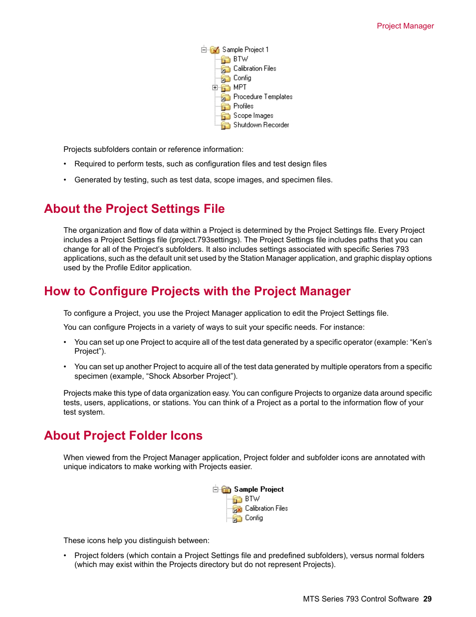 About the project settings file, How to configure projects with the project manager, About project folder icons | MTS Series 793 User Manual | Page 29 / 490