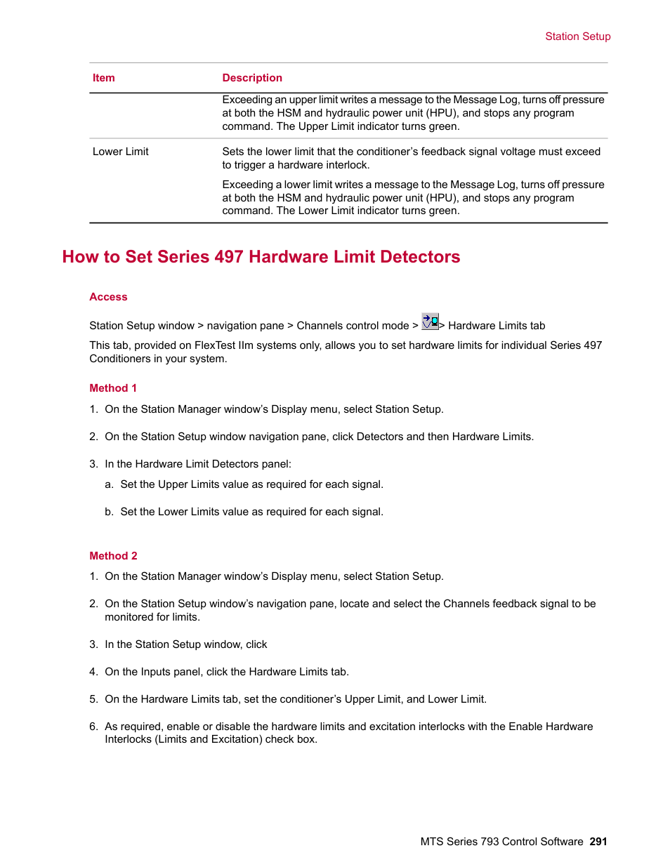 How to set series 497 hardware limit detectors | MTS Series 793 User Manual | Page 291 / 490