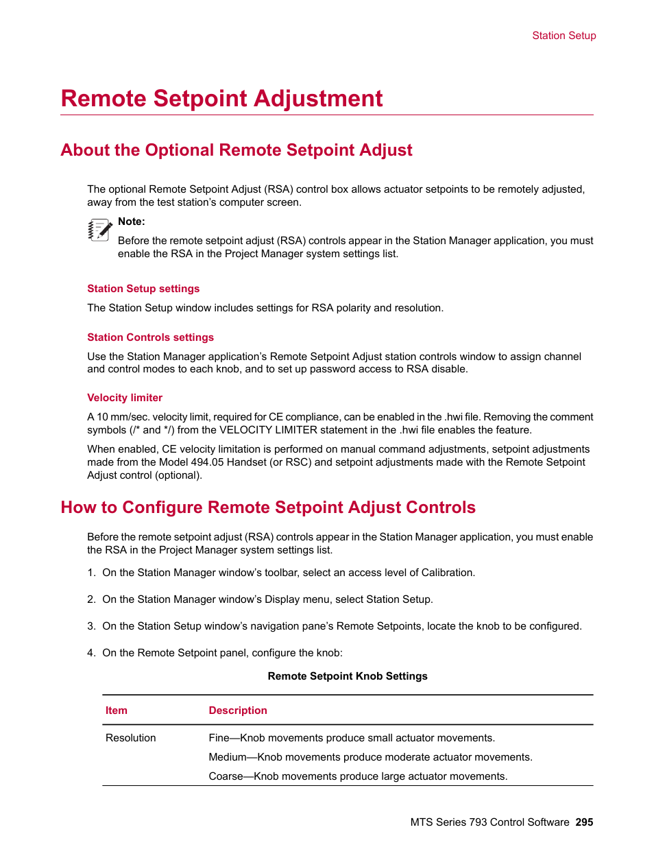 Remote setpoint adjustment, About the optional remote setpoint adjust, How to configure remote setpoint adjust controls | MTS Series 793 User Manual | Page 295 / 490