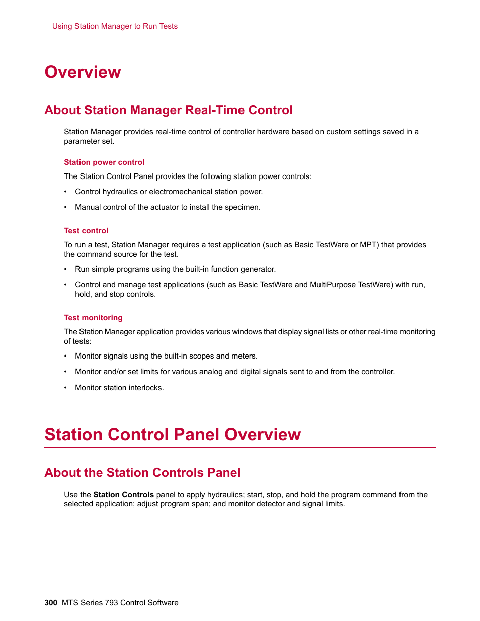 Overview, About station manager real-time control, Station control panel overview | About the station controls panel | MTS Series 793 User Manual | Page 300 / 490