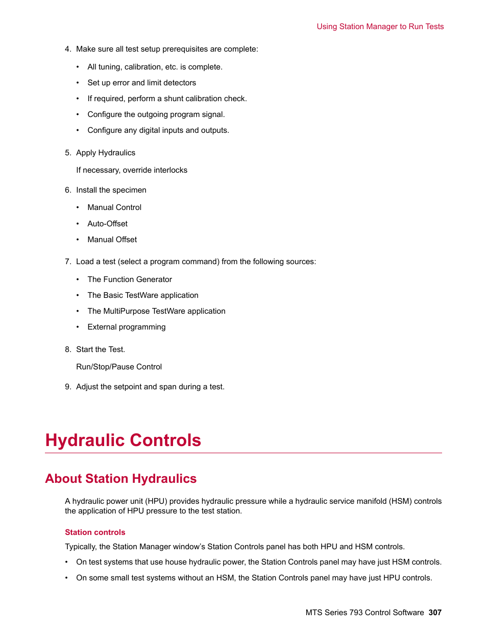 Hydraulic controls, About station hydraulics | MTS Series 793 User Manual | Page 307 / 490