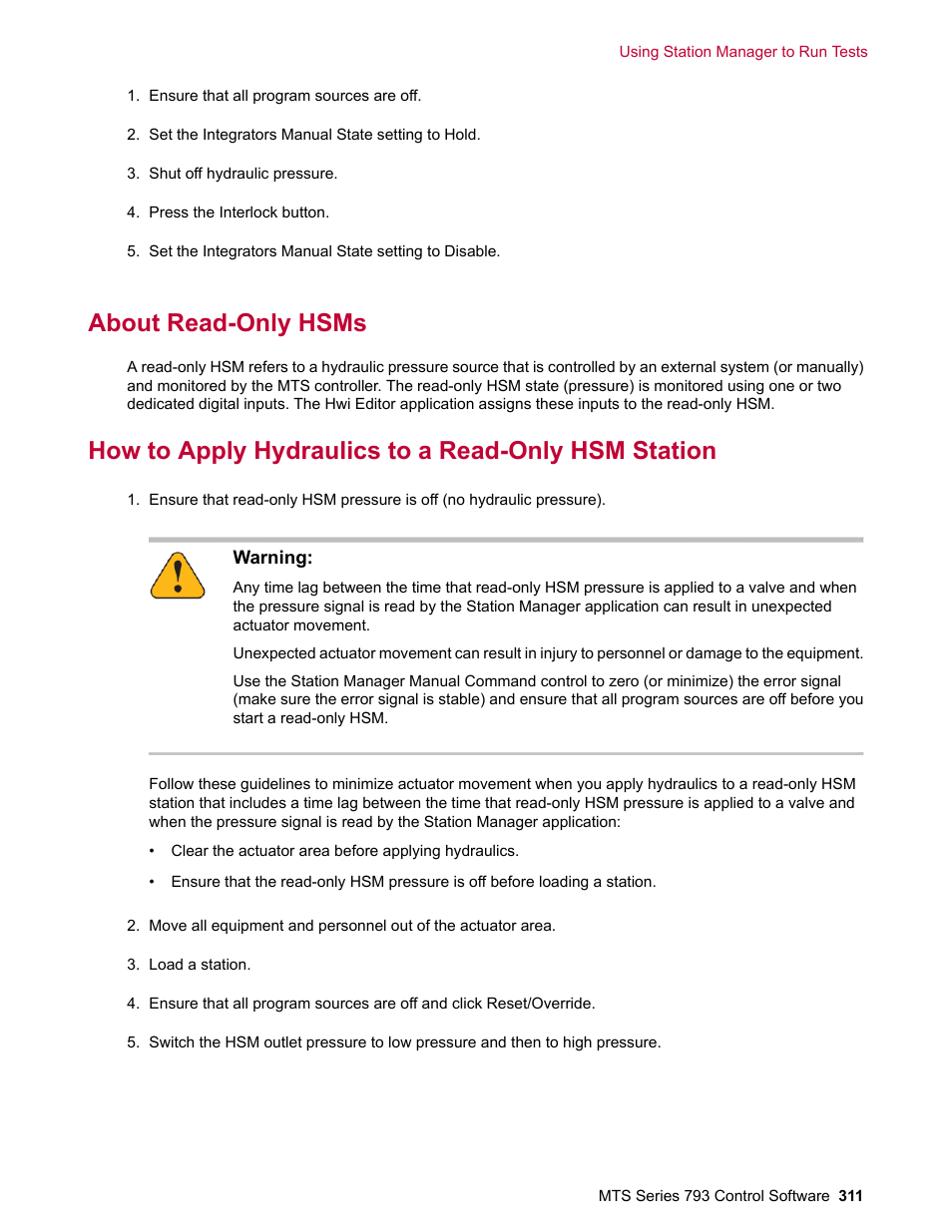 About read-only hsms, How to apply hydraulics to a read-only hsm station | MTS Series 793 User Manual | Page 311 / 490