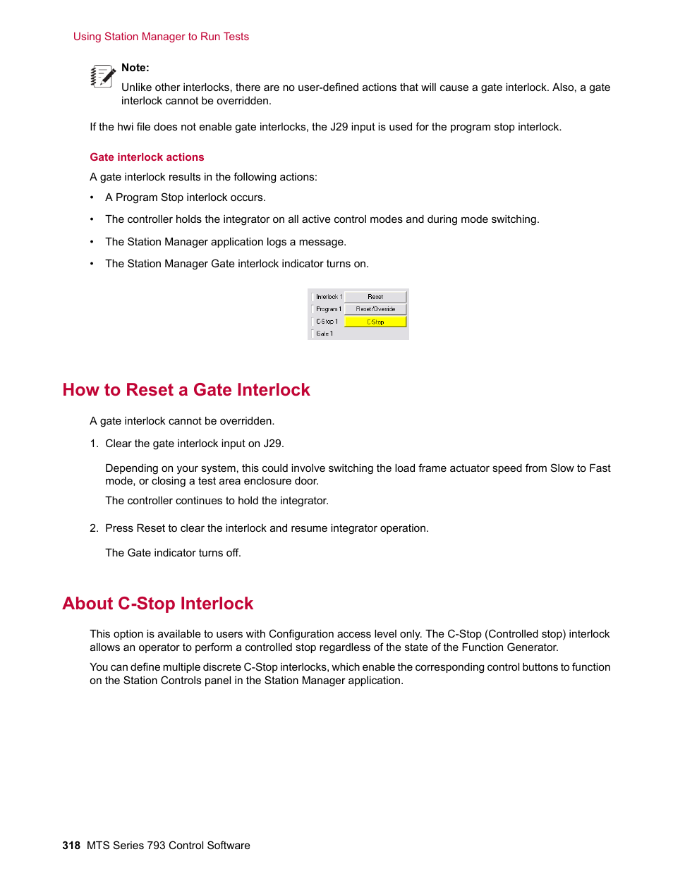 How to reset a gate interlock, About c-stop interlock | MTS Series 793 User Manual | Page 318 / 490