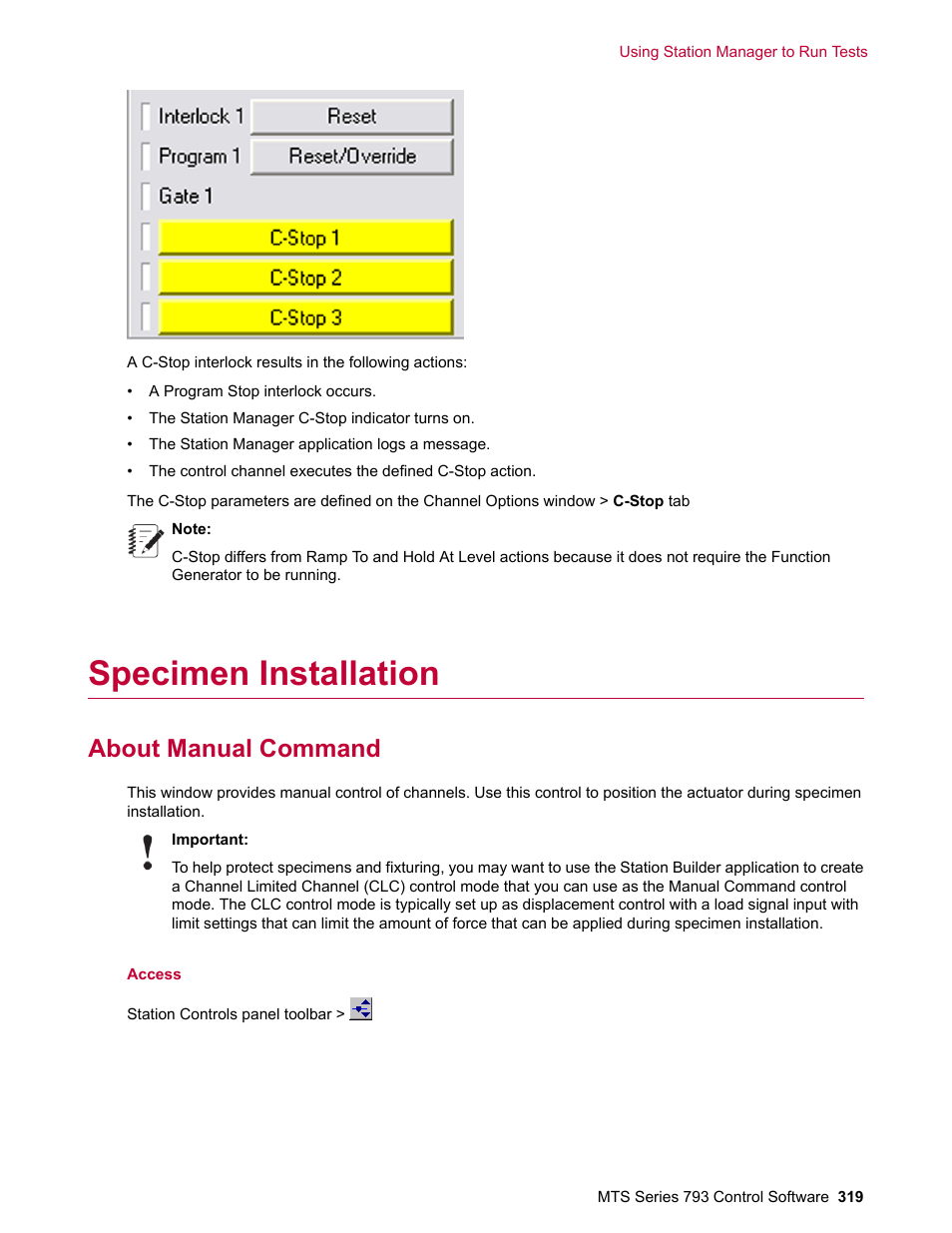 Specimen installation, About manual command | MTS Series 793 User Manual | Page 319 / 490