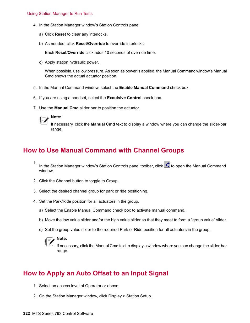 How to use manual command with channel groups, How to apply an auto offset to an input signal | MTS Series 793 User Manual | Page 322 / 490