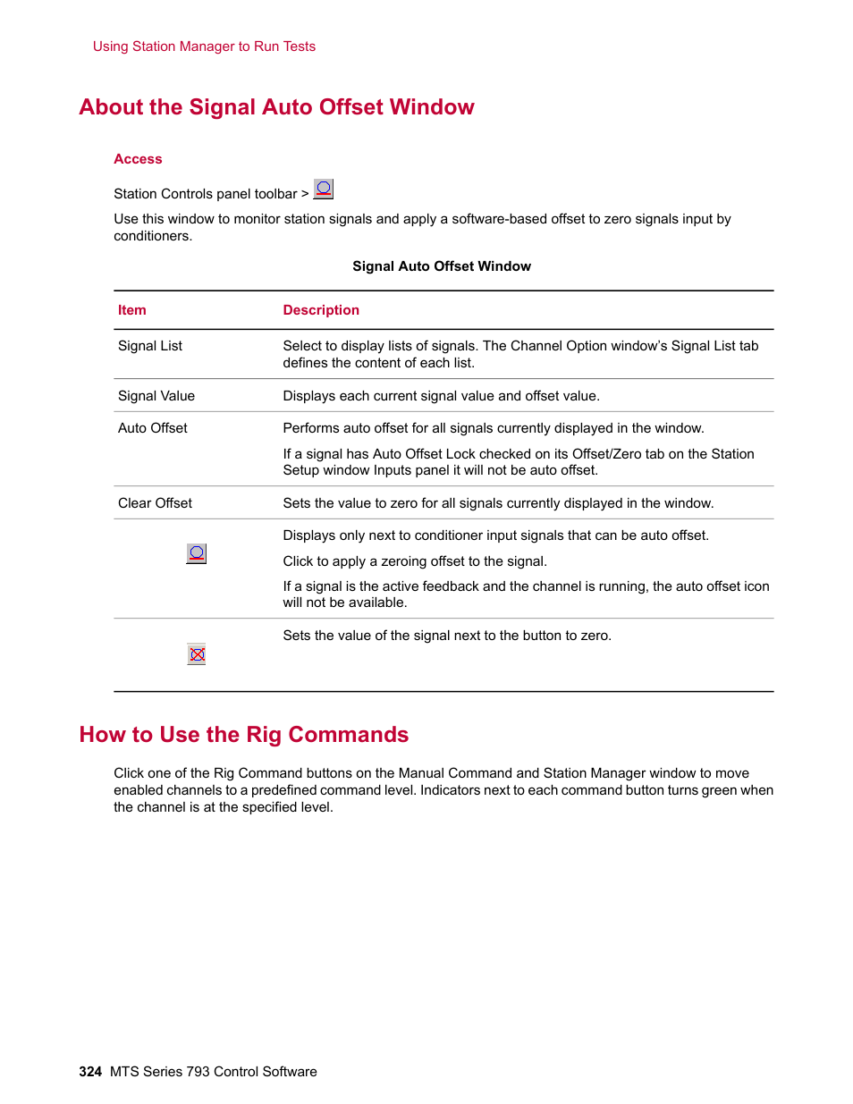 About the signal auto offset window, How to use the rig commands | MTS Series 793 User Manual | Page 324 / 490