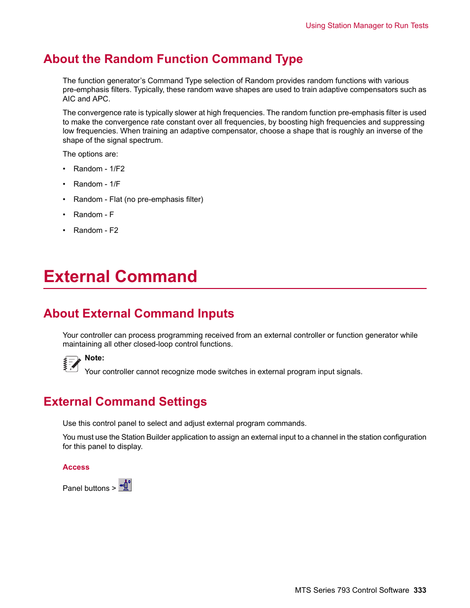 About the random function command type, External command, About external command inputs | External command settings | MTS Series 793 User Manual | Page 333 / 490
