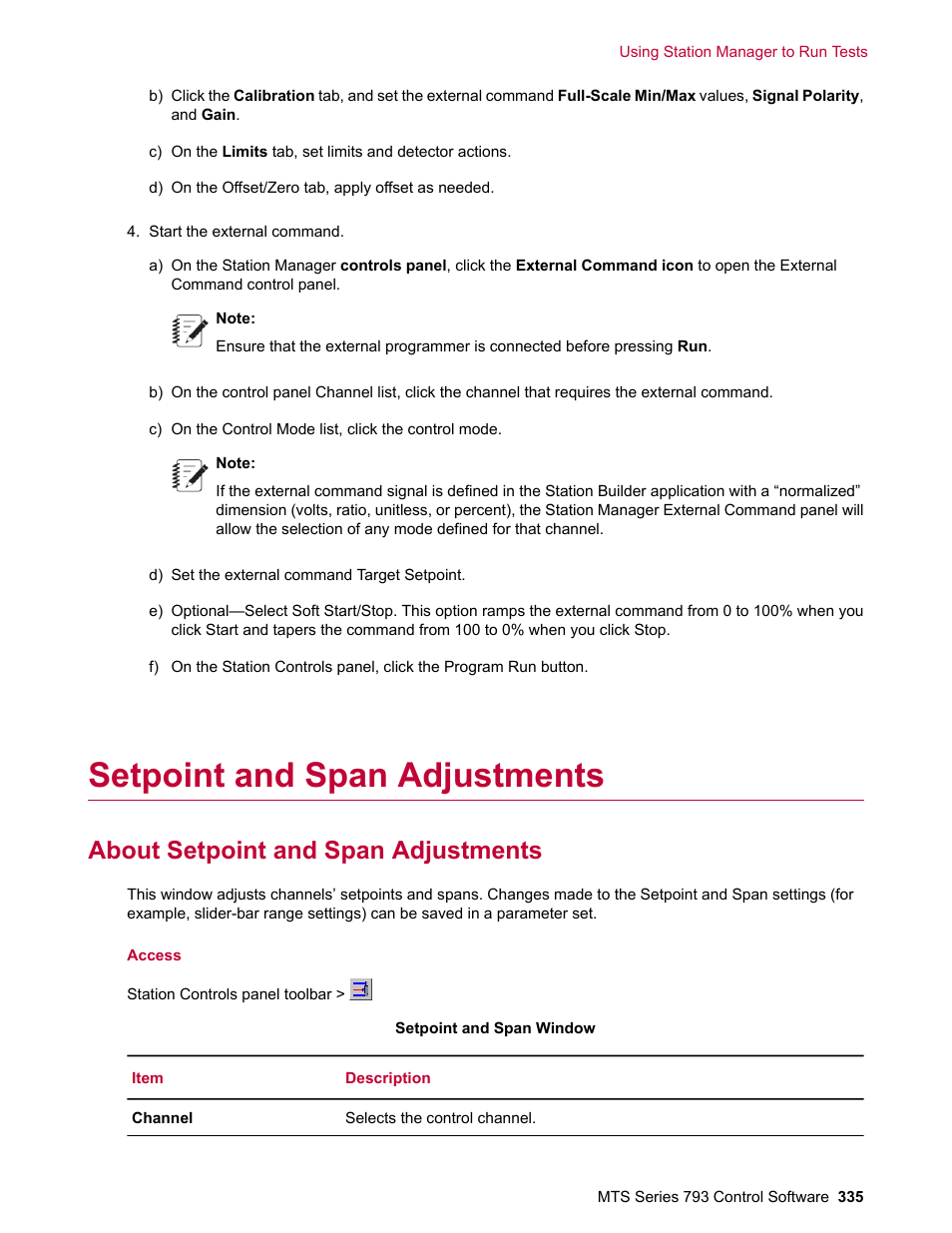 Setpoint and span adjustments, About setpoint and span adjustments | MTS Series 793 User Manual | Page 335 / 490