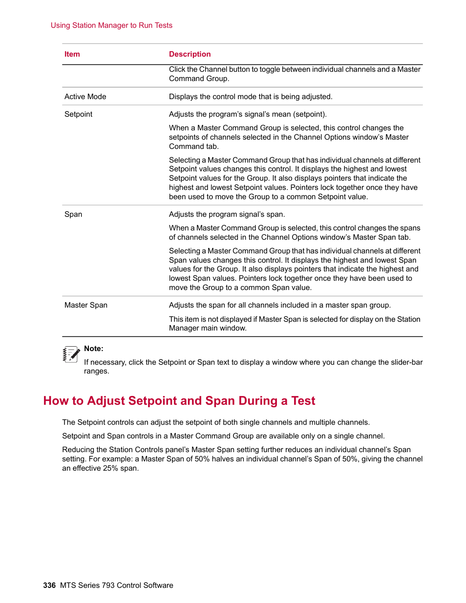 How to adjust setpoint and span during a test | MTS Series 793 User Manual | Page 336 / 490