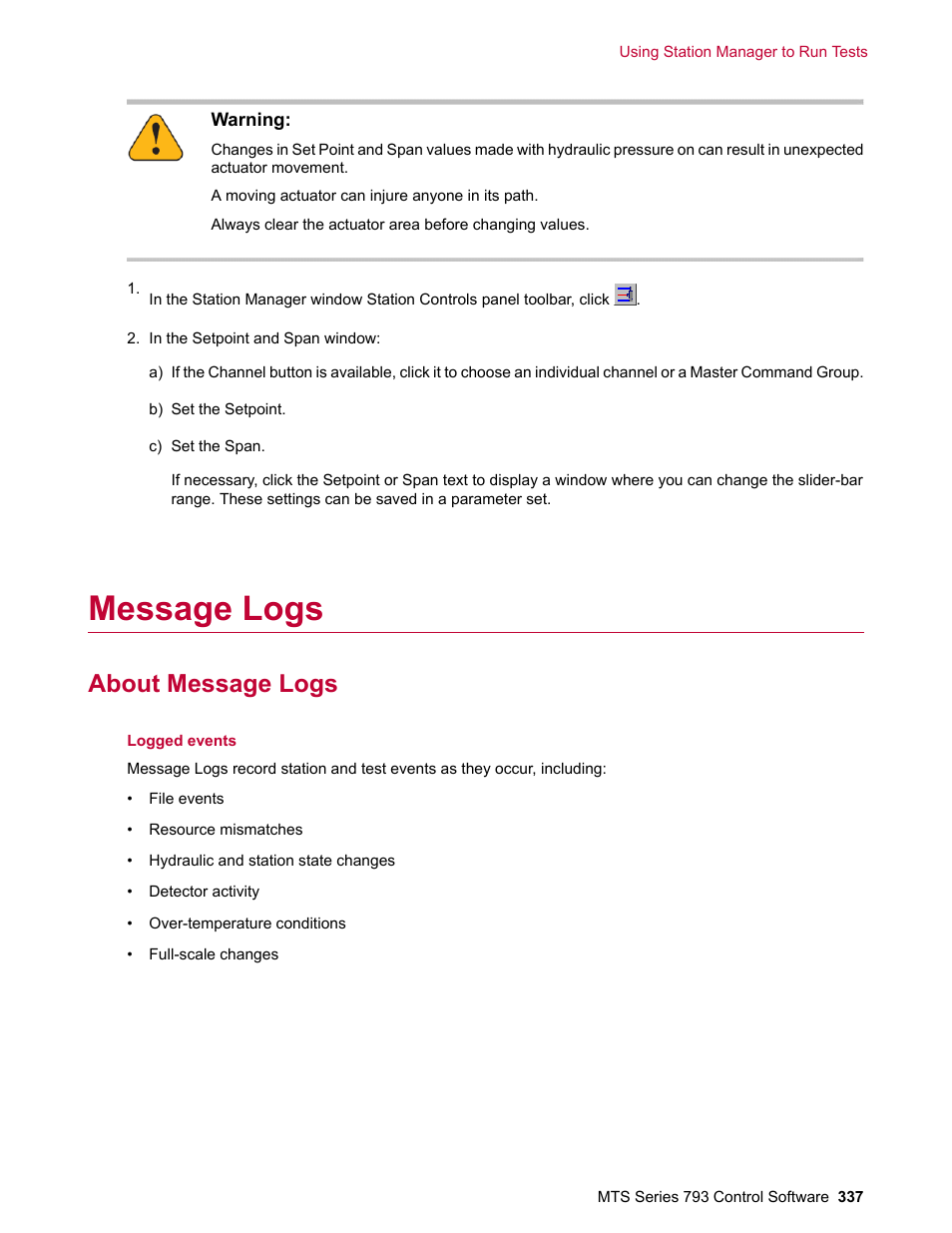 Message logs, About message logs | MTS Series 793 User Manual | Page 337 / 490