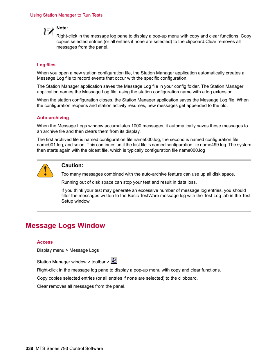 Message logs window | MTS Series 793 User Manual | Page 338 / 490