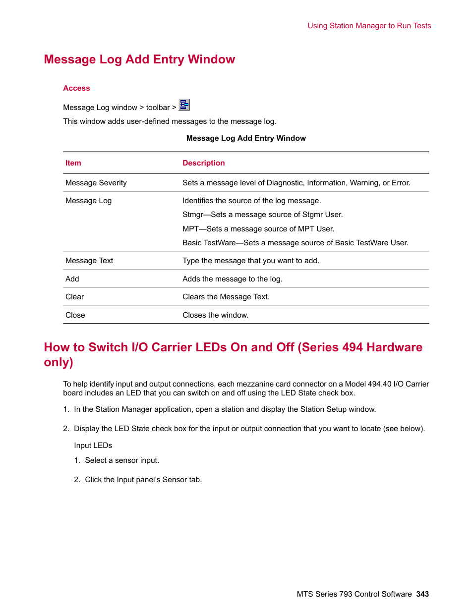 Message log add entry window | MTS Series 793 User Manual | Page 343 / 490