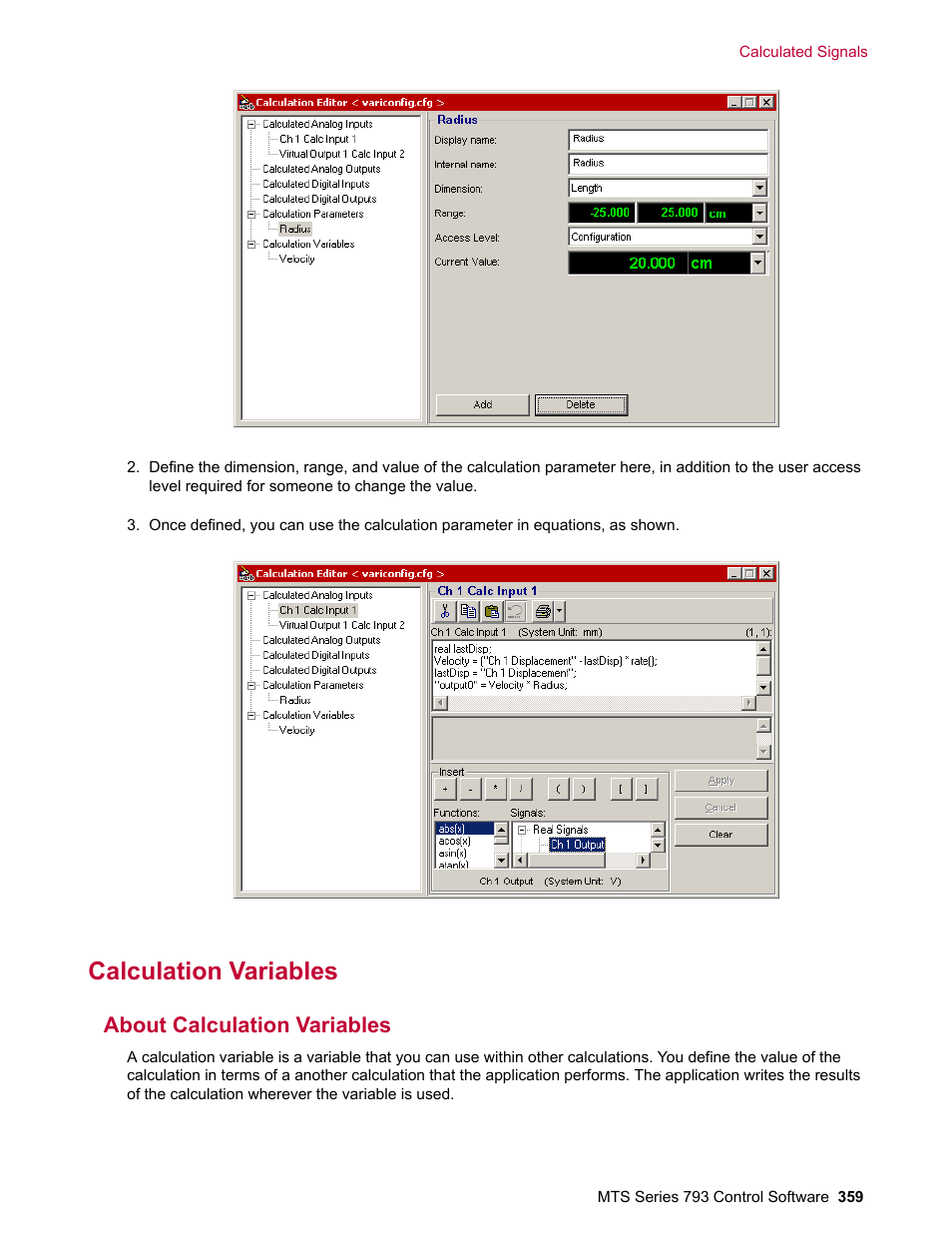 Calculation variables, About calculation variables | MTS Series 793 User Manual | Page 359 / 490