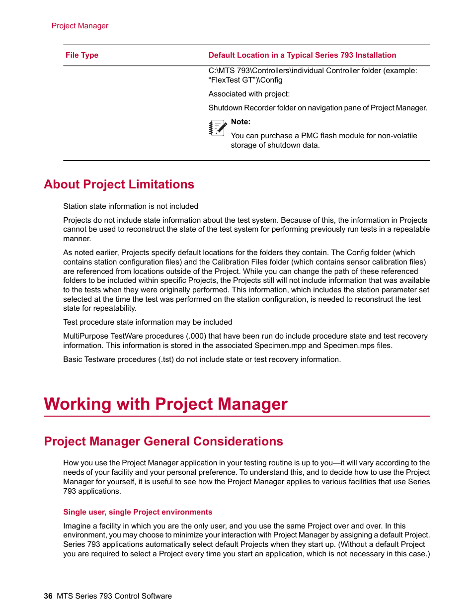 About project limitations, Working with project manager, Project manager general considerations | MTS Series 793 User Manual | Page 36 / 490