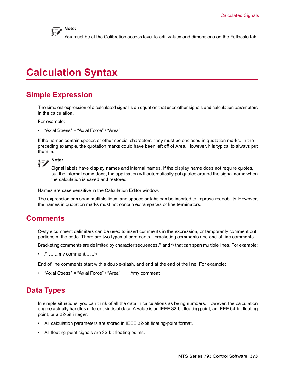 Calculation syntax, Simple expression, Comments | Data types | MTS Series 793 User Manual | Page 373 / 490